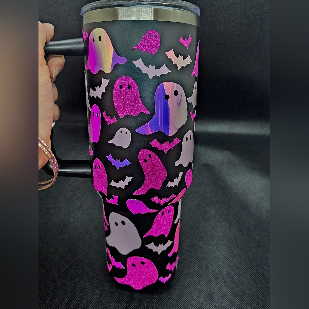 Drinking Cup, Travel Tumbler, pink ghost boo halloween cold cup, MTO - Picture 5 of 7